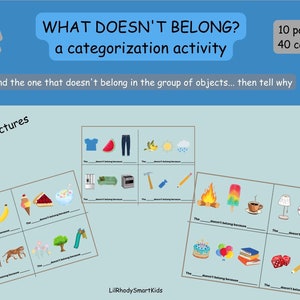 Może przedstawiać: Drukowalna edukacyjna aktywność dla dzieci o nazwie "Co nie pasuje?" z 10 stronami i 40 kartami. Każda karta zawiera pole z 3 obrazkami i linię, na której dziecko może napisać, dlaczego jeden obrazek nie pasuje.