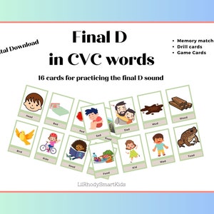 Laatste D in CVC-woorden met vroege medeklinkergeluiden - Geweldig voor boor- of articulatiespellen - 16 flashkaarten met kleurenfoto's