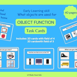 Soutenir le développement du langage avec les FONCTIONS des OBJETS - Quels objets sont utilisés pour les cartes de tâches - pré-k-autisme-apprentissage précoce. 40 cartes de tâches