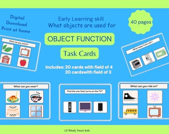 Support Language Development with FUNCTIONS of OBJECTS- What objects are used for task cards- pre-k-autism-early learning.  40 task cards