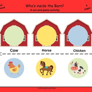 Könnte beinhalten: Eine druckbare Lernaktivität für Kinder mit drei roten Scheunen mit ausgeschnittenen Kreisen. Der Text "Wer ist in der Scheune?" steht oben auf der Seite. Die Wörter "Kuh", "Pferd" und "Huhn" stehen unter den Scheunen. Drei Kreise mit Bildern einer Kuh, eines Pferdes und eines Huhns befinden sich unter den Wörtern. Der Text "Digitaler Download" befindet sich in der oberen linken Ecke und "5 Seiten" in der oberen rechten Ecke.