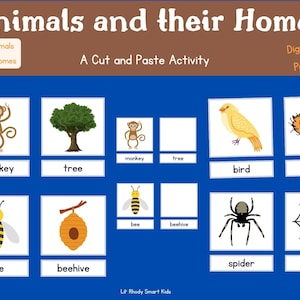 Animals and their homes. Cut and paste activity. Fun Pre-school learning