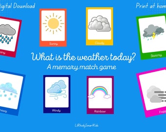 What is the weather today?  A memory match game.  Perfect for preschool learners, autism and early intervention. 8 pairs of visual weather