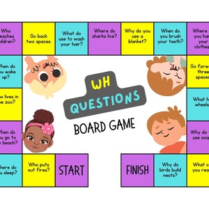 May include: A colorful game board with a question mark and the words "WH QUESTIONS BOARD GAME" in the center. The board is divided into squares with different questions and illustrations of children.