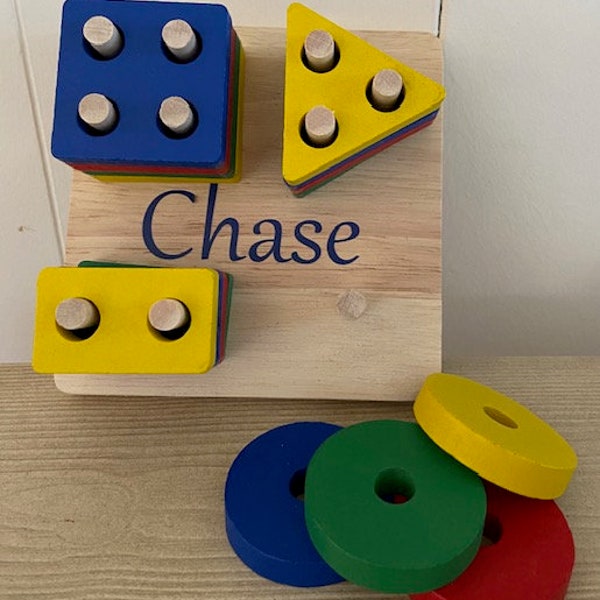 Personalized Mini Shape Sorter- all wood shapes and base- Bright Primary colors.  Perfect for little hands.  Learn shapes and colors quickly