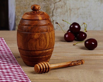 OLIVIKO 100% olive wood Honey pot, Jar with a dipper