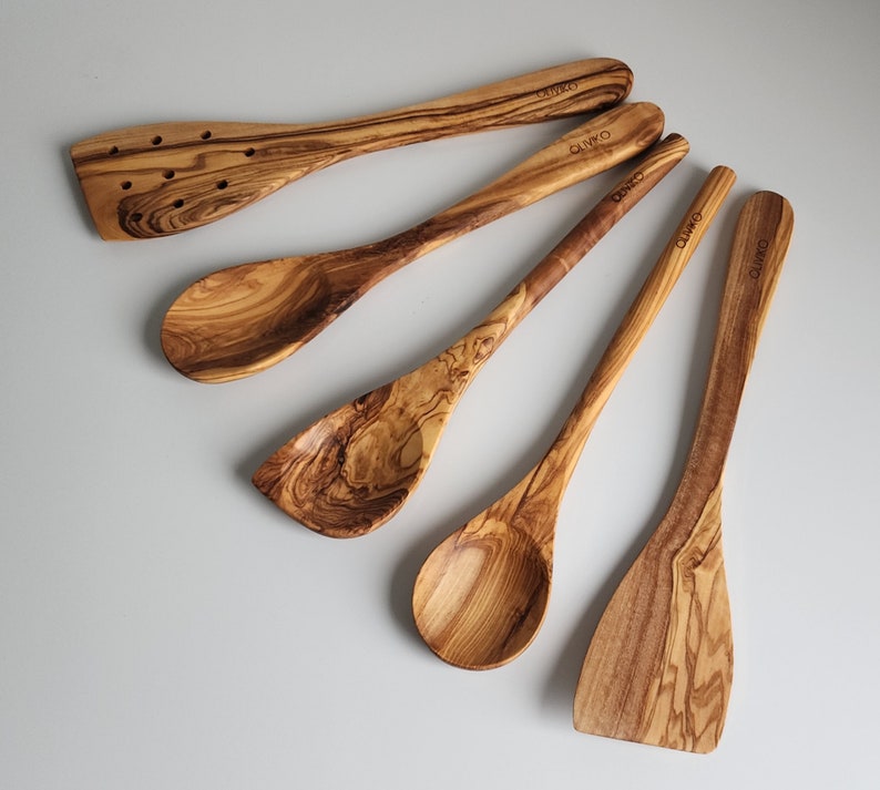 OLIVIKO Handmade Olive Wood Utensils Kit of 5 Utensils 2 Spatula 3 Spoon 100% Olive Wood image 8