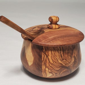 Handmade Olive Wood Sugar Bowl with Lid & Spoon