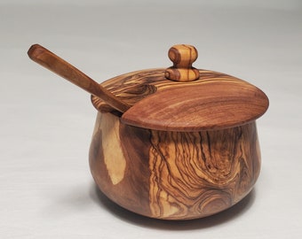 OLIVIKO 100% olive wood Sugar box, Spices box,salt cellar, wooden box with spoon, sugar bowl with lid