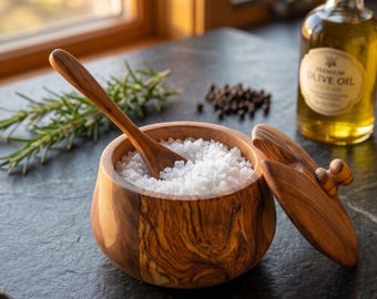 Handmade Olive Wood Sugar Bowl with Lid & Spoon