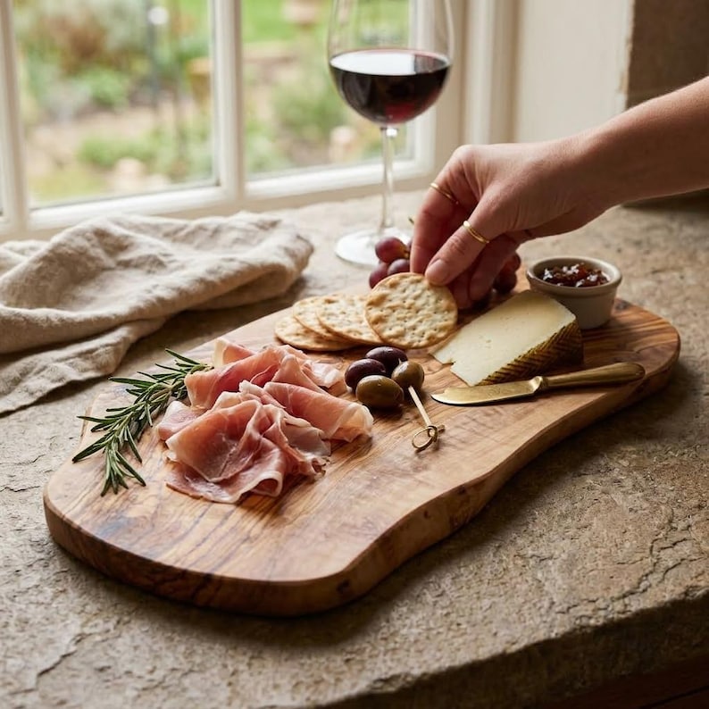 May include: An oval olive wood serving board featuring a selection of prosciutto, round crackers, a wedge of hard cheese, green and purple olives, and a sprig of fresh rosemary. A small metal spreader knife rests on the board near the cheese.