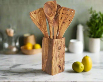 Handmade Olive Wood Utensil Set: 5 Spoons, Spatulas and Holder