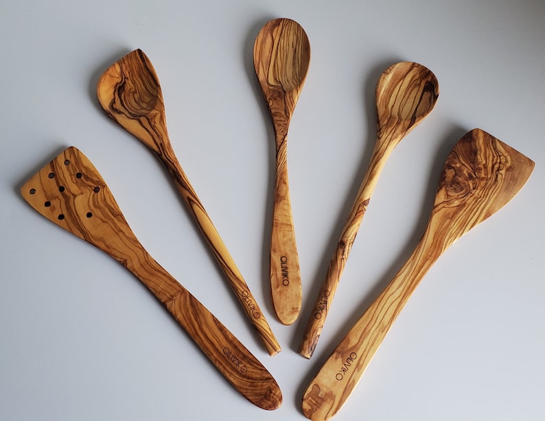 OLIVIKO Handmade Olive Wood Utensils Kit of 5 Utensils 2 Spatula 3 Spoon 100% Olive Wood image 4