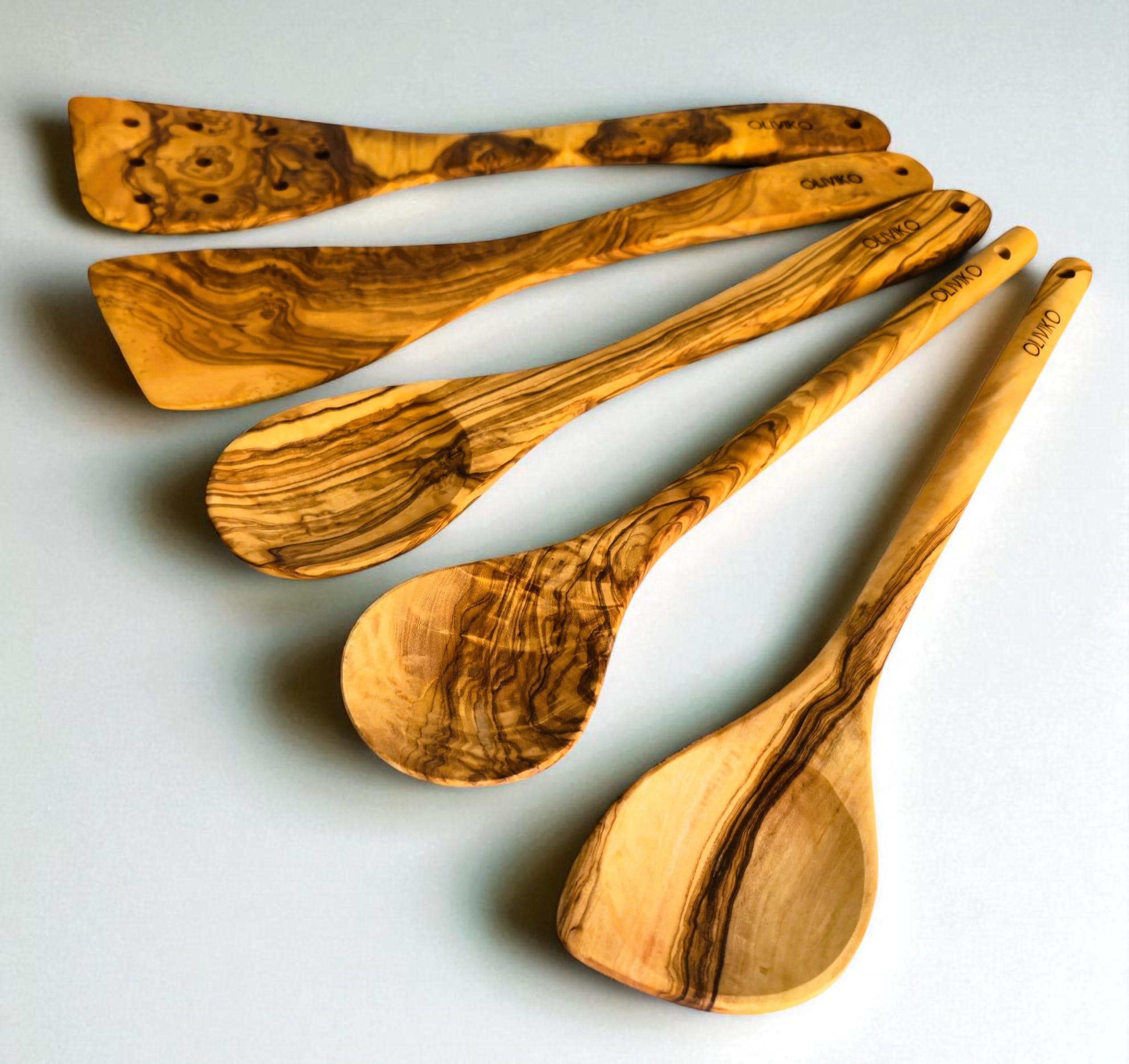 OLIVIKO Handmade Olive Wood Utensils Kit of 5 Utensils 2 Spatula + 3 Spoon 100% Olive Wood