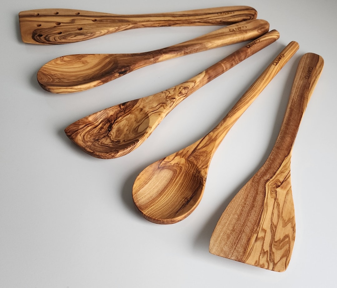 OLIVIKO Handmade Olive Wood Utensils Kit of 5 Utensils 2 Spatula 3