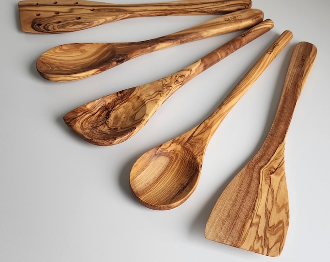 OLIVIKO Handmade Olive Wood Utensils Kit of 5 Utensils 2 Spatula 3