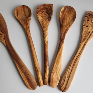 OLIVIKO Handmade Olive Wood Utensils Kit of 5 Utensils 2 Spatula 3 Spoon 100% Olive Wood image 2