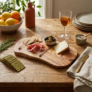May include: An irregular, organic-shaped wooden serving board featuring a prominent wood grain pattern. The board is arranged with thin slices of cured meat, a wedge of hard cheese, a small bowl of green and black olives, and crisp crackers.