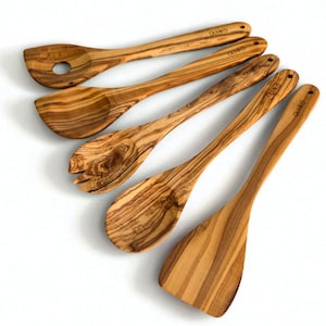 Handmade Olive Wood Utensil Set: 5-Piece Cooking & Serving Spoons