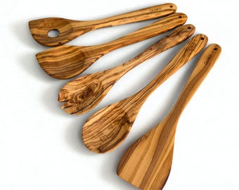 OLIVIKO Handmade Olive Wood Utensils Kit of 5 Utensils 1 Spatula, 2 cooking spoon and salad serving kit Spoon 100% Olive Wood 12&quot;inch length