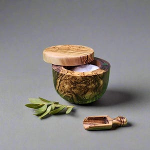 OLIVIKO Handmade Olive Wood Salt keeper box, Salt cellar with magnetic lock with scoop.