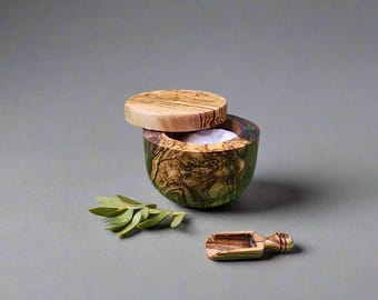 OLIVIKO Handmade Olive Wood Salt keeper box, Salt cellar with magnetic lock with scoop.
