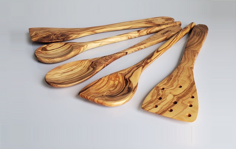 OLIVIKO Handmade Olive Wood Utensils Kit of 5 Utensils 2 Spatula 3 Spoon 100% Olive Wood image 3