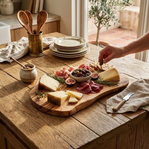 May include: An olive wood serving board featuring assorted cheeses, cured meats, fresh figs, and a small bowl of olives. A honey pot with a wooden dipper, a stack of ceramic plates, and a metal knife with a wooden handle are arranged nearby.