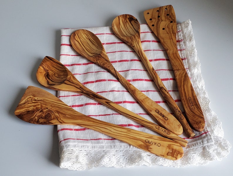 OLIVIKO Handmade Olive Wood Utensils Kit of 5 Utensils 2 Spatula 3 Spoon 100% Olive Wood image 5