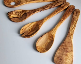 OLIVIKO Handmade Olive Wood Utensils Kit of 5 Utensils 1 Spatula, 2 cooking spoon and salad serving kit Spoon 100% Olive Wood 12"inch length