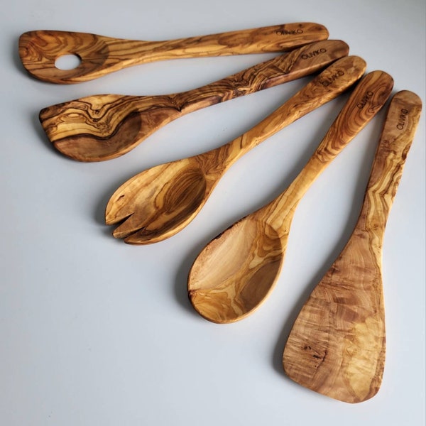 OLIVIKO Handmade Olive Wood Utensils Kit of 5 Utensils 1 Spatula, 2 cooking spoon and salad serving kit Spoon 100% Olive Wood 12"inch length