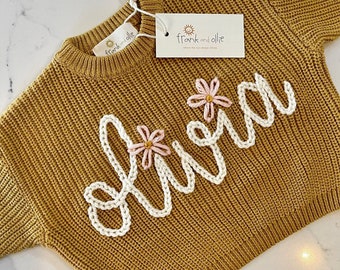 Personalized Hand Embroidered Name with Two Flowers Baby and Toddler Chunky Sweaters