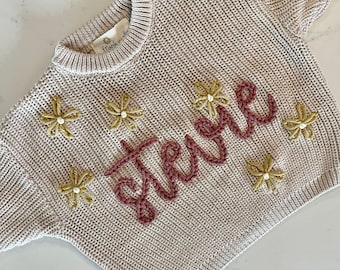 Personalized Hand Embroidered Name with All Over Flowers Baby and Toddler Chunky Sweater