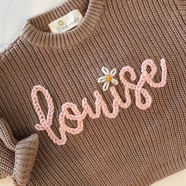 Personalized Hand Embroidered Name with One Flower Baby and Toddler Chunky Sweater