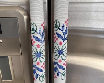 Blue and pink flowers embroidered fridge handle covers