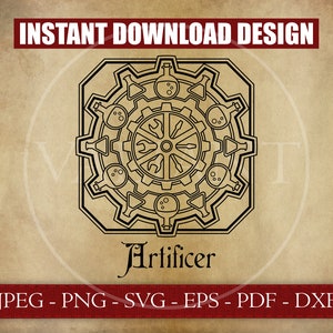 D&D Artificer Class Emblem, Dungeons and Dragons Cricut e Silhouette Cut Files, PNGs transparentes em preto e branco, RPG Clip Art