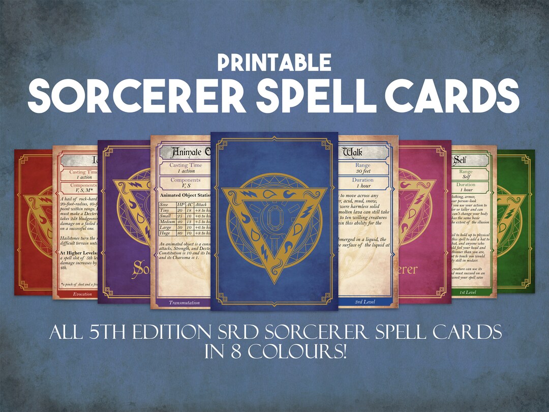 Sorcerer Dnd Spell Cards, Dungeons and Dragons Printable Spell Cards, Dungeon Master Accessories ...