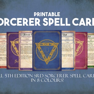 Tarjetas de hechizos DnD de hechicero, tarjetas de hechizos imprimibles de mazmorras y dragones, accesorios de Dungeon Master, 131 tarjetas de hechizos de hechicero Descarga instantánea