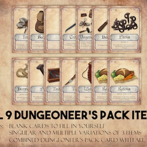 Dnd Item Cards, Dungeons and Dragons Printable Dungeoneer's Pack Cards ...