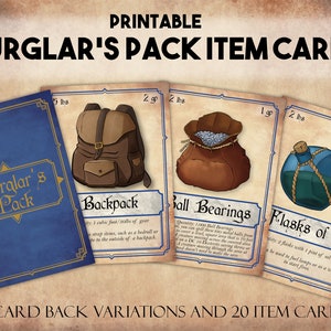 Tarjetas de artículos DnD, mazmorras y dragones tarjetas de paquete de ladrones imprimibles, herramientas de dungeon master, artículos de equipo de aventura de D & D descarga instantánea
