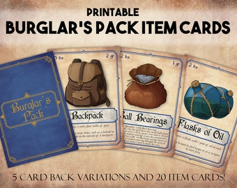 DnD Item Cards, Dungeons and Dragons Printable Burglar's Pack Cards, Dungeon Master Tools, D&D Adventuring Gear Items Instant Download