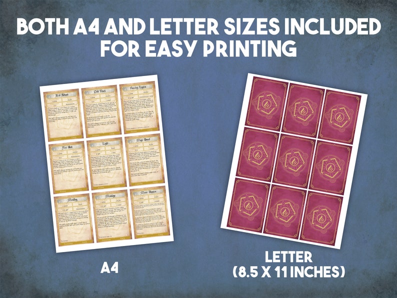 May include: Two sheets of paper with printable content. The left sheet shows nine cards with text and images. The right sheet shows nine cards with a red background and a gold design. The text on the sheets reads "BOTH A4 AND LETTER SIZES INCLUDED FOR EASY PRINTING", "A4", and "LETTER (8.5 X 11 INCHES)".