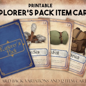 DnD Item Cards, Dungeons and Dragons Printable Explorer's Pack Cards, Dungeon Master Tools, D&D Adventuring Gear Items Instant Download