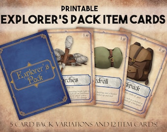 DnD Item Cards, Dungeons and Dragons Printable Explorer's Pack Cards, Dungeon Master Tools, D&D Adventuring Gear Items Instant Download