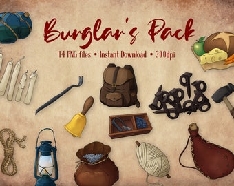 DnD Burglar's Pack Clipart Set, D&D Instant Download Art, Dungeons and Dragons Equipment Image Pack