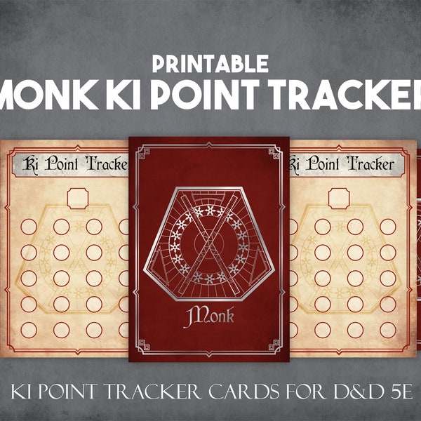 DnD Mönch Ki Point Tracker Karten, Sofortiger Download und Druck D & D Player Tools, druckbarer Ki Point Tracker