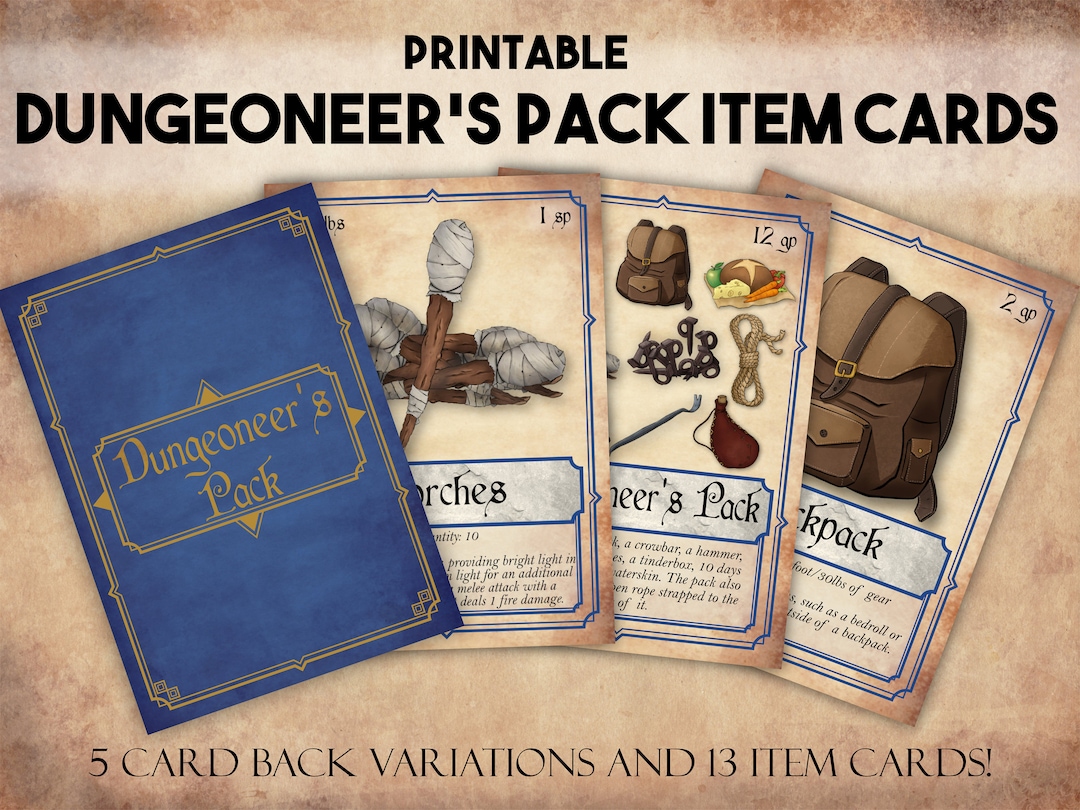 Dnd Item Cards, Dungeons and Dragons Printable Dungeoneer's Pack Cards