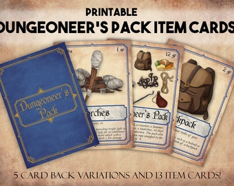 DnD Item Cards, Dungeons and Dragons Printable Dungeoneer's Pack Cards, Dungeon Master Tools, D&D Adventuring Gear Items Instant Download