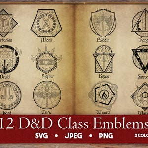 Pacote de emblemas de classe D&D, 12 emblemas de classe de personagens clássicos, PNGs transparentes em preto e branco, decoração de clipart de RPG
