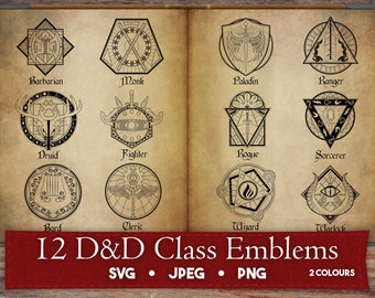 D&D Class Emblems Bundle, 12 Classic Character Class Badges, Transparent PNGs in Black and White, RPG Clip Art Decor